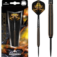 Mission Scorpion Steel Tip Darts 90% Tungsten — dart, barrel detail and packaging