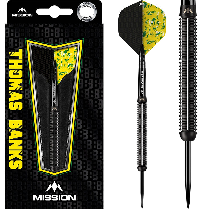 Mission Thomas Banks Black Pvd Steel Tip Darts 90% Tungsten — dart, barrel detail and packaging