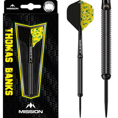 Mission Thomas Banks Black Pvd Steel Tip Darts 90% Tungsten — dart, barrel detail and packaging