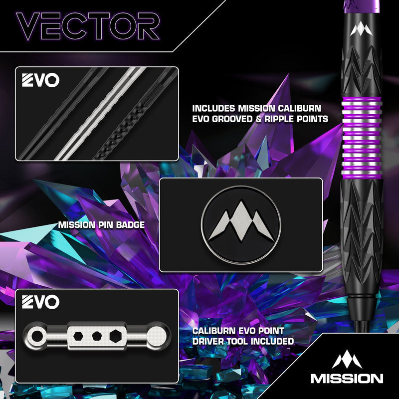 Vector Black PVD & Purple Electro Steel Tip Darts – barrel, replacement points, point tool and pin badge diagram