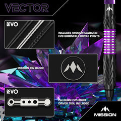 Vector Black PVD & Purple Electro Steel Tip Darts – barrel, replacement points, point tool and pin badge diagram