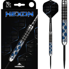 Mission Hexon Blue Steel Tip Darts 90% Tungsten — dart, barrel detail and packaging