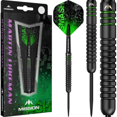 Mission Martin Lukeman Steel Tip Darts 90% Tungsten — dart, barrel detail and packaging