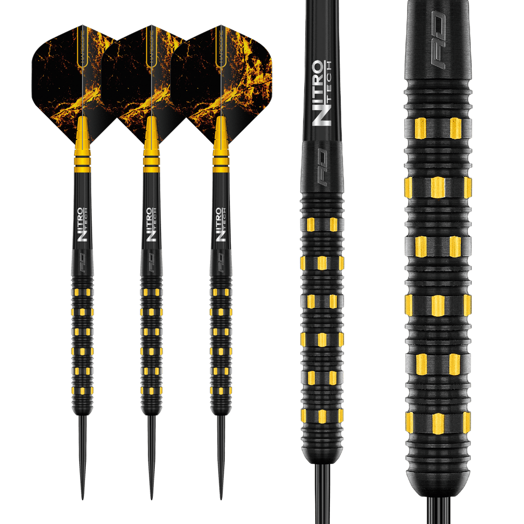 Red Dragon Nirvana Steel Tip Darts 90% Tungsten — three darts and barrel close-up