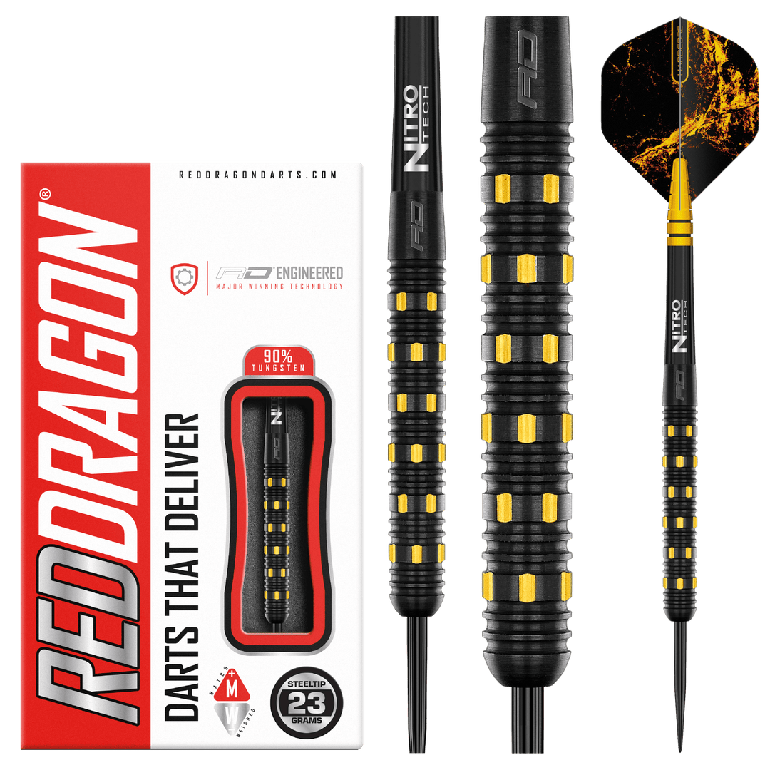 Red Dragon Nirvana Steel Tip Darts 90% Tungsten — dart, barrel detail and packaging