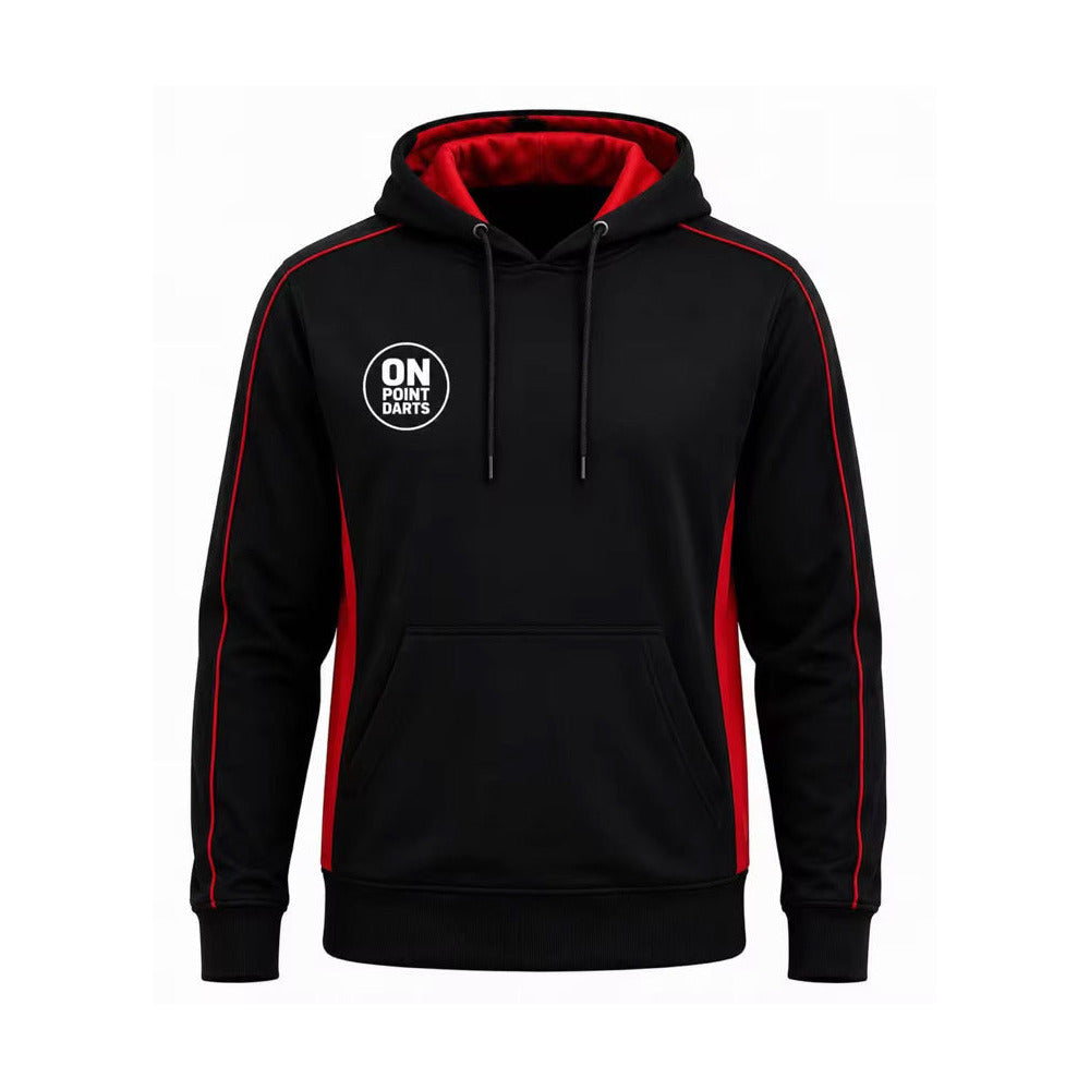 On Point Darts Panel Red performance hoodie front view