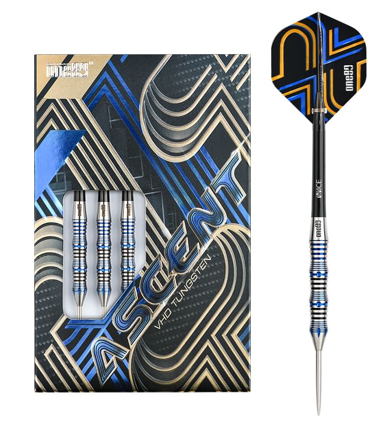 One80 Ascent Black and Blue 02 dart beside retail packaging