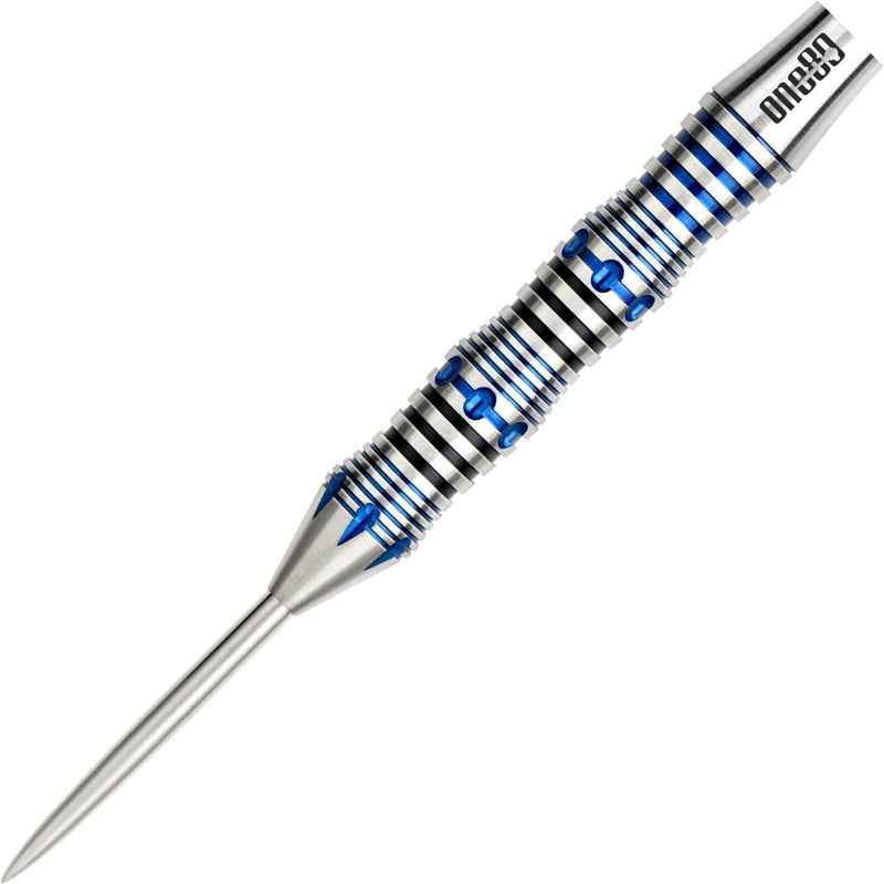 Close-up of the One80 Ascent Black and Blue 02 barrel and point
