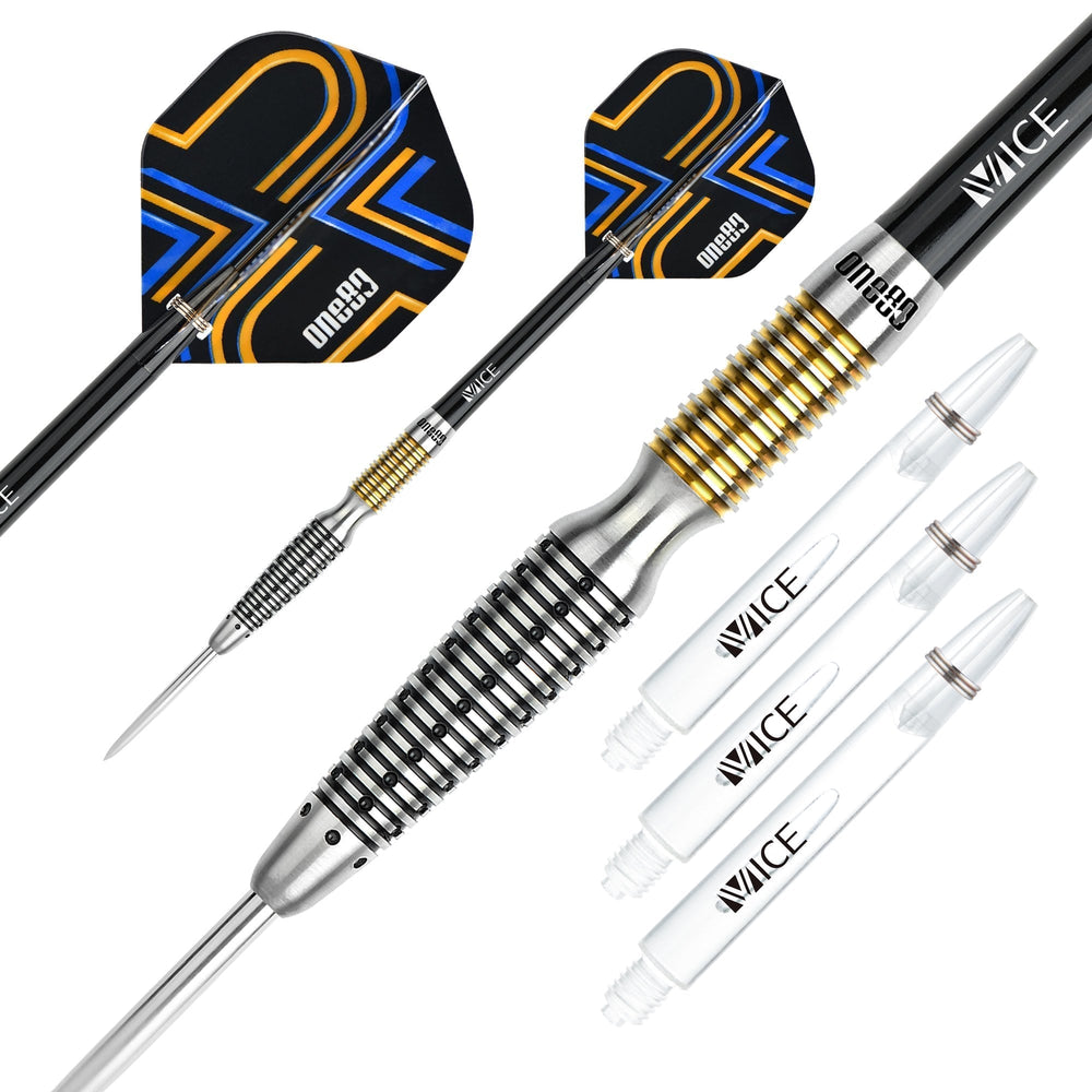 One80 Ascent Black and Gold 03 Steel Tip Darts 90% Tungsten — dart, barrels and grip detail