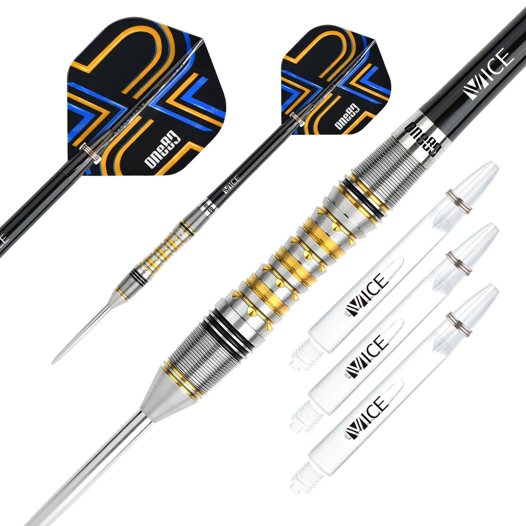One80 Ascent Black and Gold 04 Steel Tip Darts 90% Tungsten — dart, barrels and grip detail