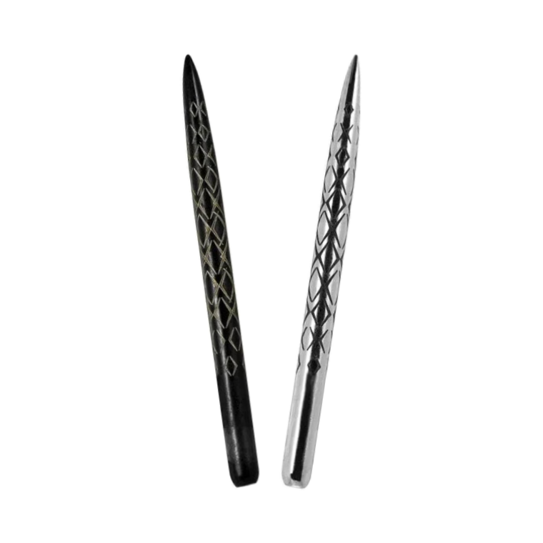 One80 Aztech Style A steel tip points in Black and Silver, 34 mm examples; colour options sold separately.
