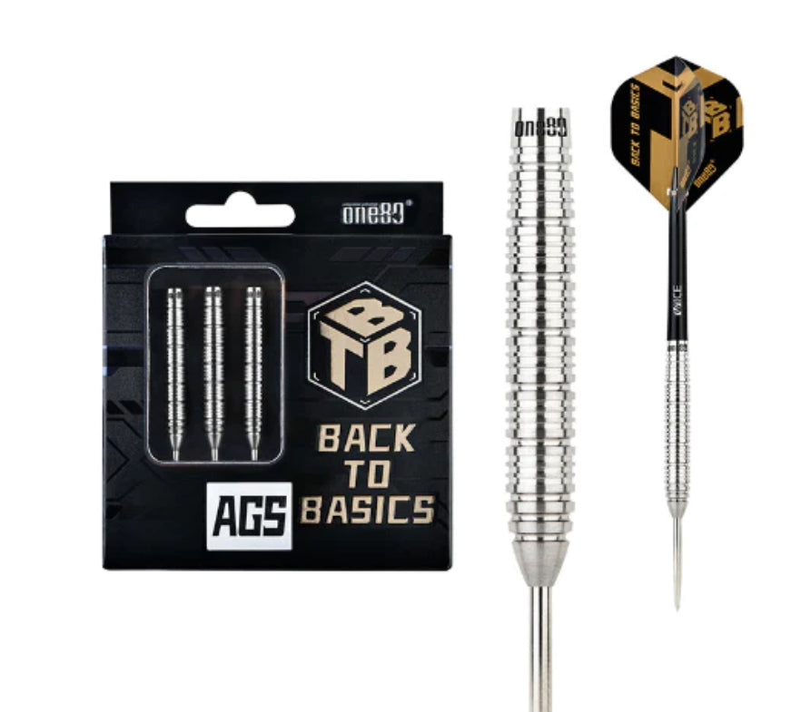 One80 Back To Basic Ags Steel Tip Darts 90% Tungsten — dart, barrel detail and packaging