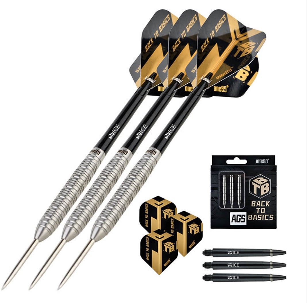 One80 Back To Basic Ags Steel Tip Darts 90% Tungsten — set contents and packaging