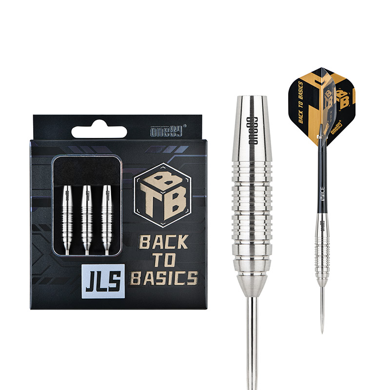 One80 Back To Basics JLS Steel Tip Darts 90% Tungsten — dart, barrel detail and packaging