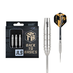 One80 Back To Basics JLS Steel Tip Darts 90% Tungsten — dart, barrel detail and packaging