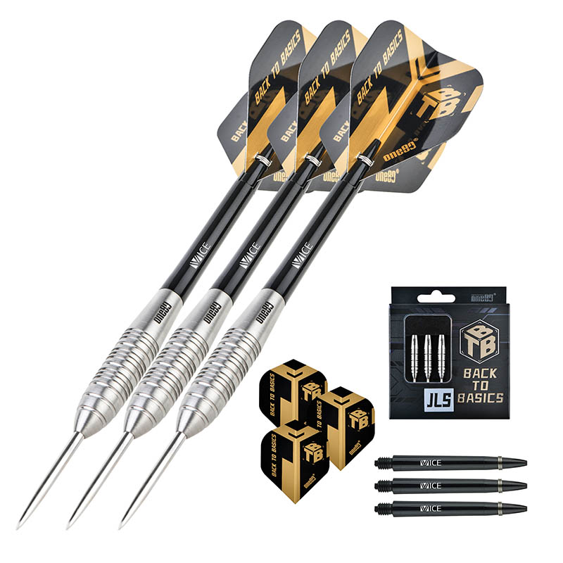 One80 Back To Basics JLS Steel Tip Darts 90% Tungsten — set contents and packaging