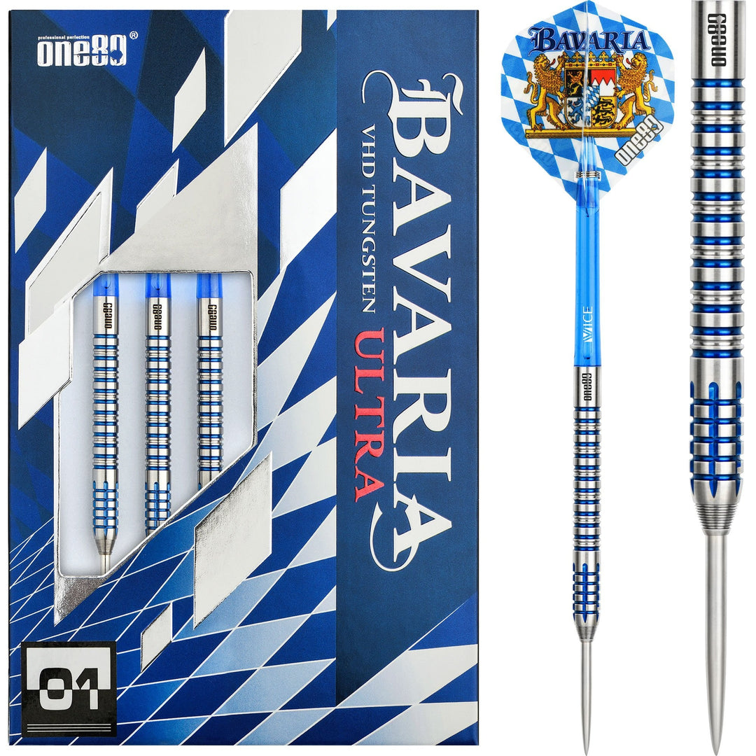 One80 Bavaria Ultra 01 Steel Tip Darts 90% Tungsten — dart, barrel detail and packaging