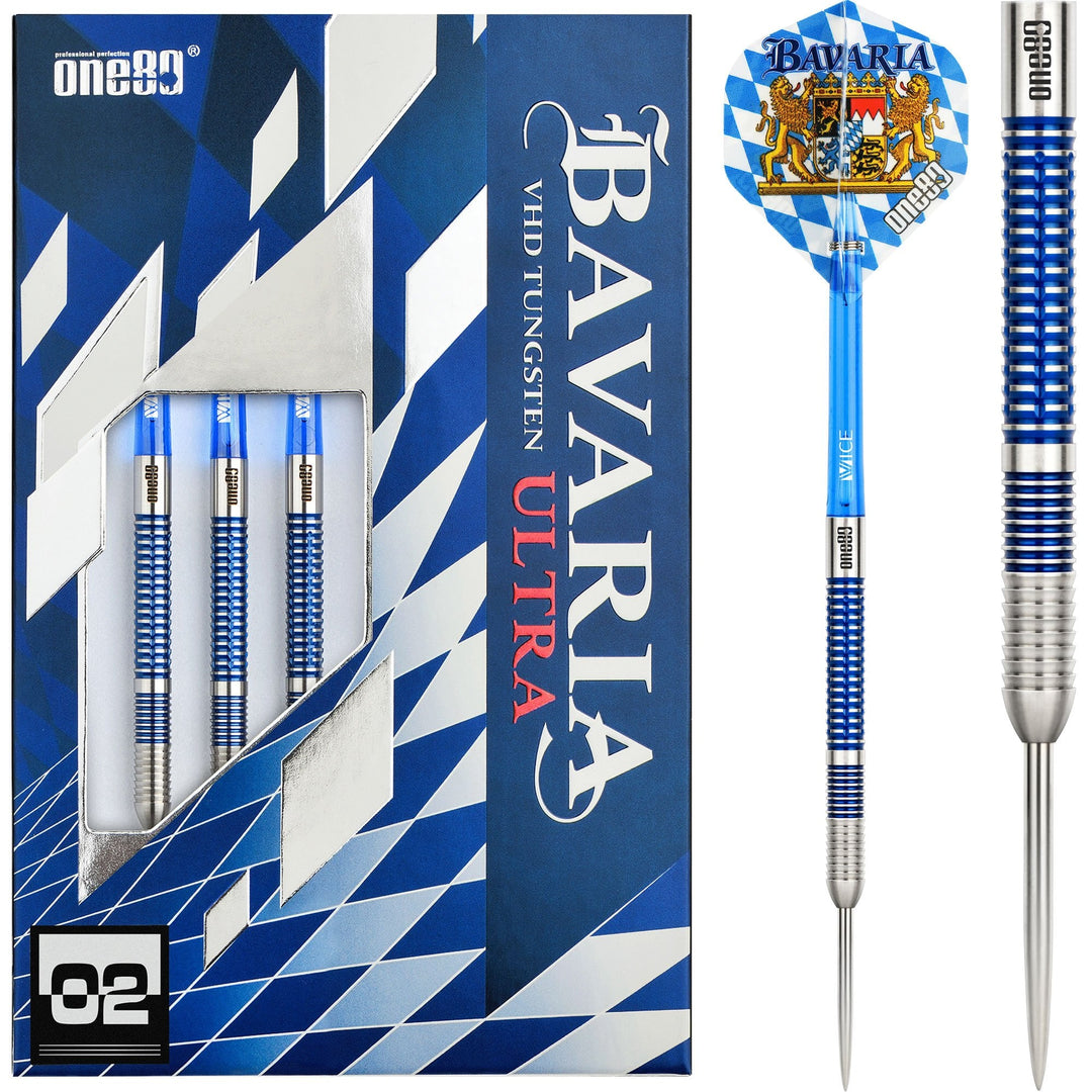 One80 Bavaria Ultra 02 Steel Tip Darts 90% Tungsten — dart, barrel detail and packaging