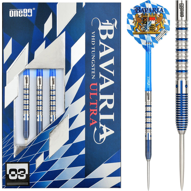 One80 Bavaria Ultra 03 Steel Tip Darts 90% Tungsten — dart, barrel detail and packaging