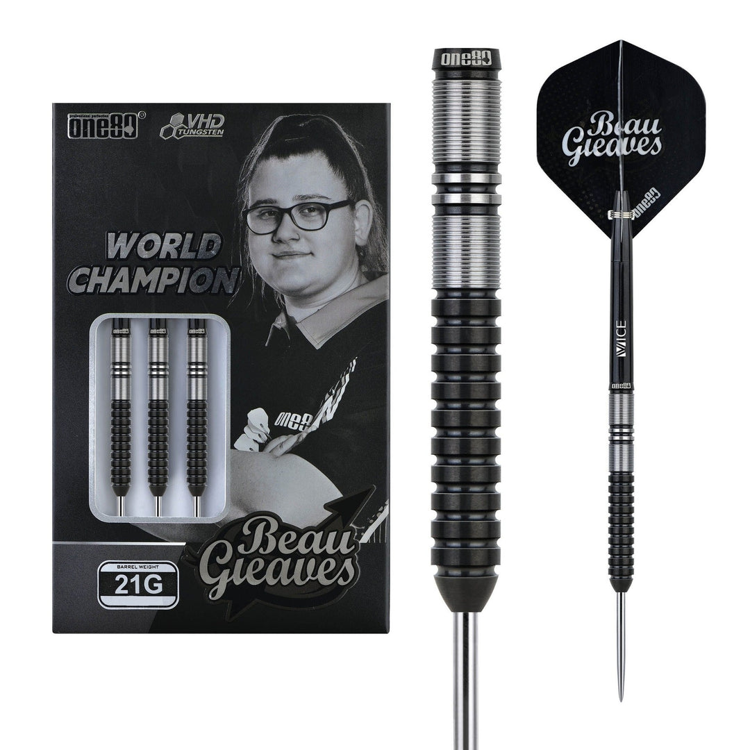 One80 Beau Greaves Black Steel Tip Darts 90% Tungsten — dart, barrel detail and packaging