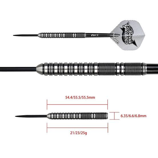 One80 Beau Greaves Black Steel Tip Darts 90% Tungsten — dart and barrel dimensions chart