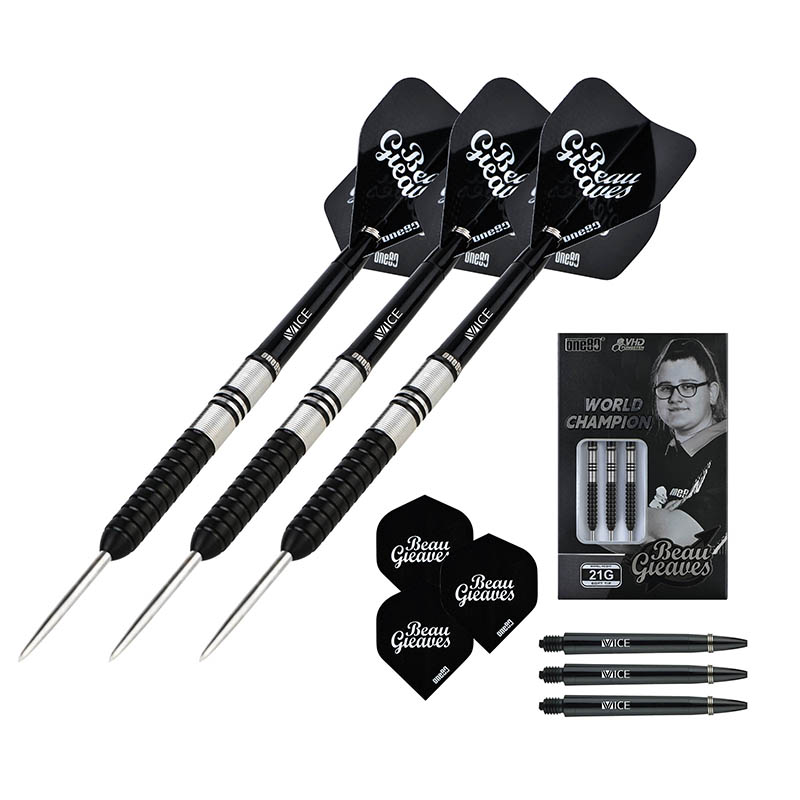 One80 Beau Greaves Black Steel Tip Darts 90% Tungsten — set contents and packaging