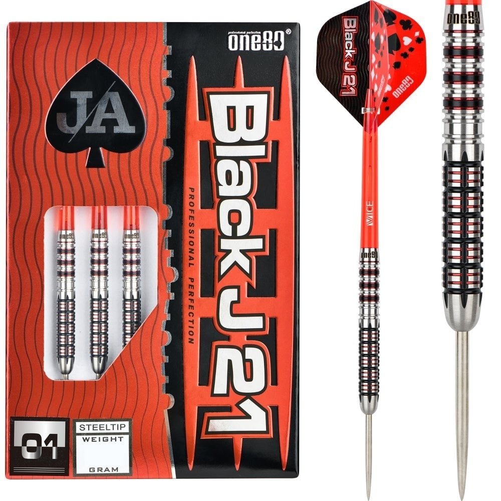 One80 Black J21 01 Steel Tip Darts 90% Tungsten — dart, barrel detail and packaging