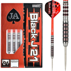 One80 Black J21 01 Steel Tip Darts 90% Tungsten — dart, barrel detail and packaging