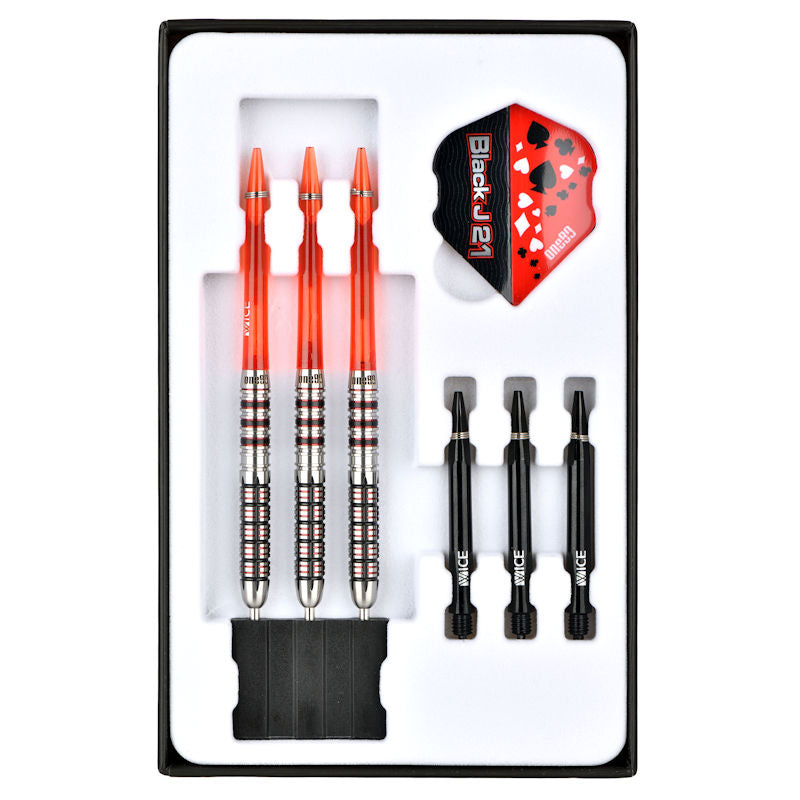 One80 Black J21 01 Steel Tip Darts 90% Tungsten — darts and accessories in the display tray