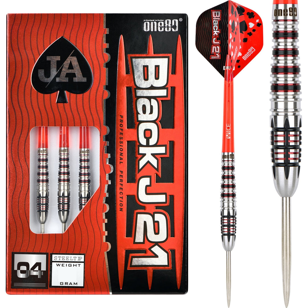 One80 Black J21 04 Steel Tip Darts 90% Tungsten — dart, barrel detail and packaging