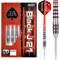 One80 Black J21 04 Steel Tip Darts 90% Tungsten — dart, barrel detail and packaging