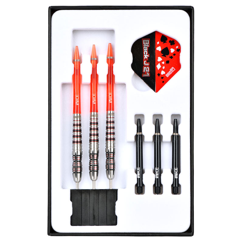 One80 Black J21 04 Steel Tip Darts 90% Tungsten — darts and accessories in the display tray