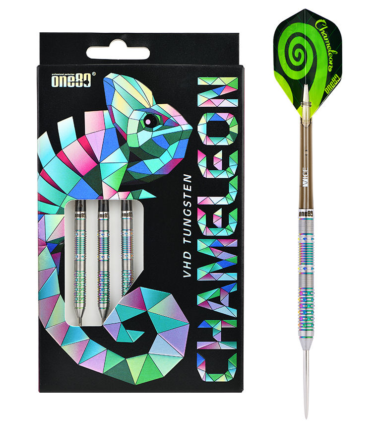 One80 Chameleon Azurite Steel Tip Darts 90% Tungsten — dart and packaging