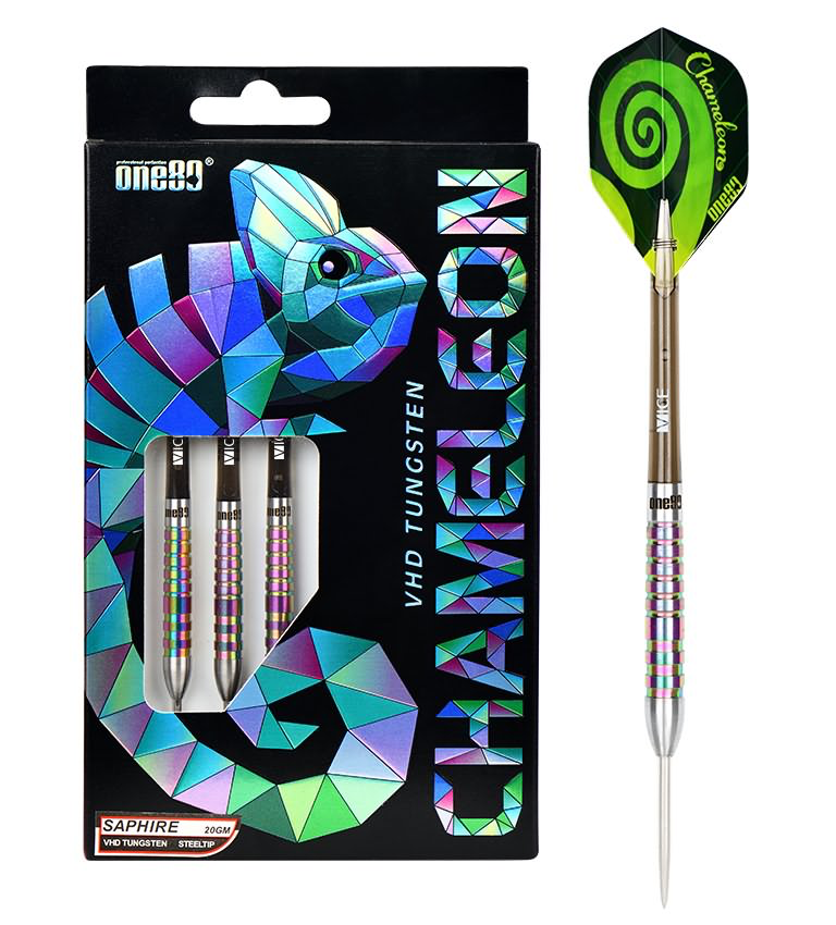 One80 Chameleon Saphire Steel Tip Darts 90% Tungsten — dart and packaging