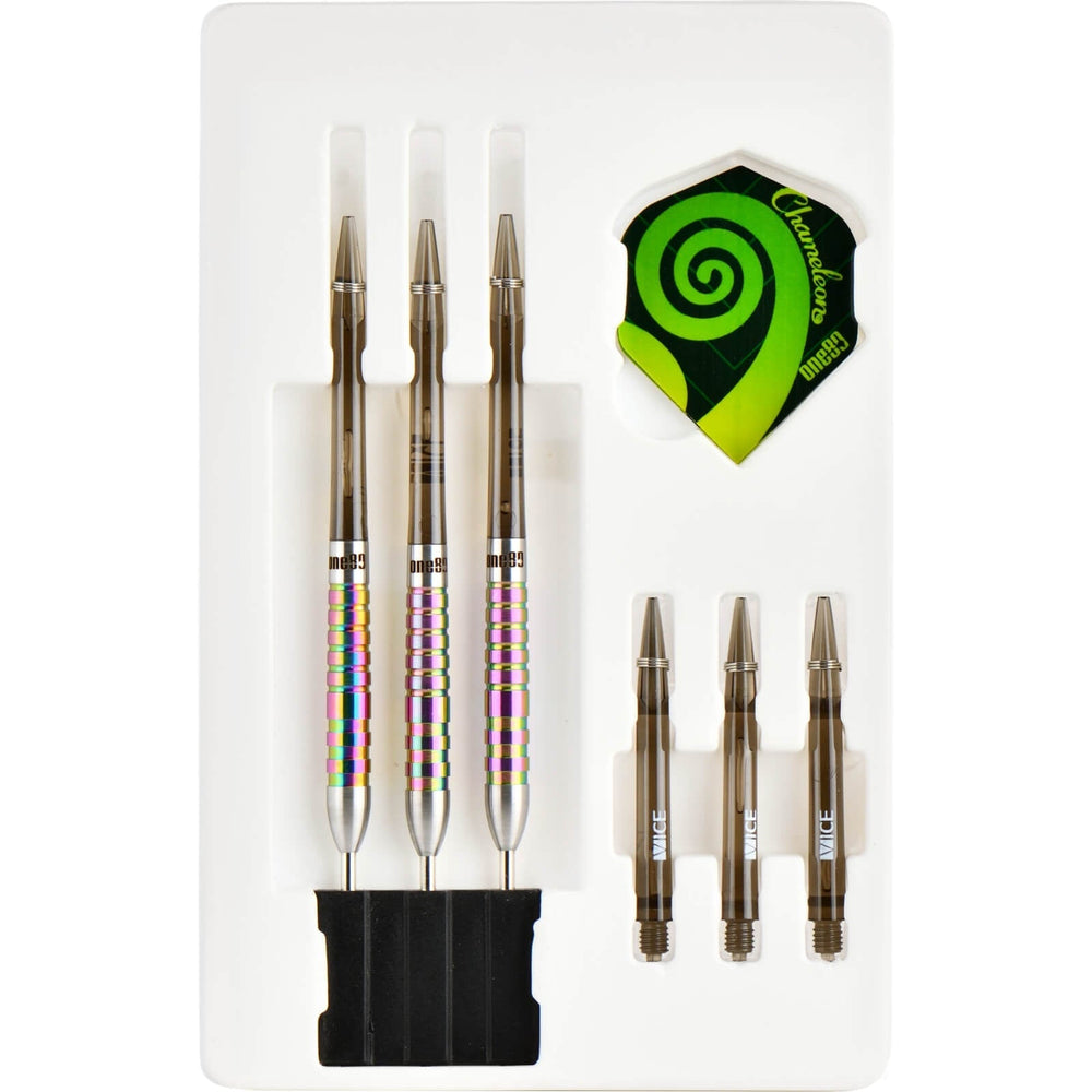 One80 Chameleon Saphire Steel Tip Darts 90% Tungsten — darts and accessories in the display tray