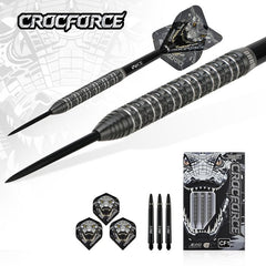 Crocforce CF1 Steel Tip Darts – dart, barrel close-up, flights, shafts and packaging