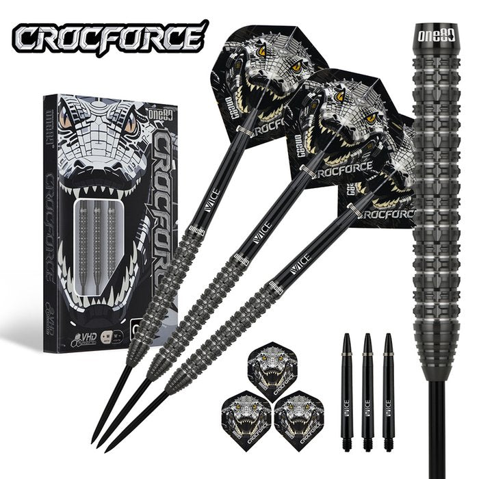 One80 Crocforce CF1 Steel Tip Darts 90% Tungsten — set contents and packaging