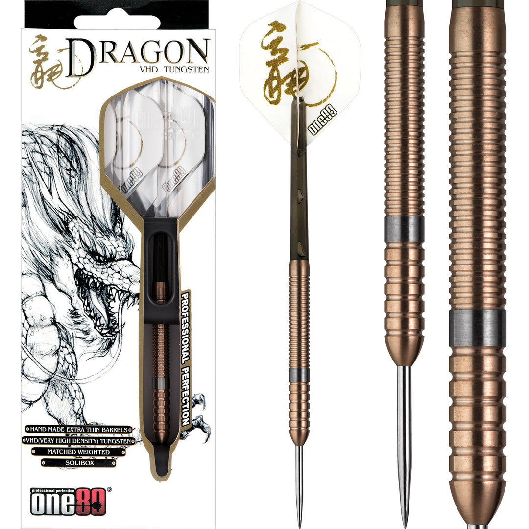 One80 Fire Dragon Steel Tip Darts 90% Tungsten — dart, barrel detail and packaging