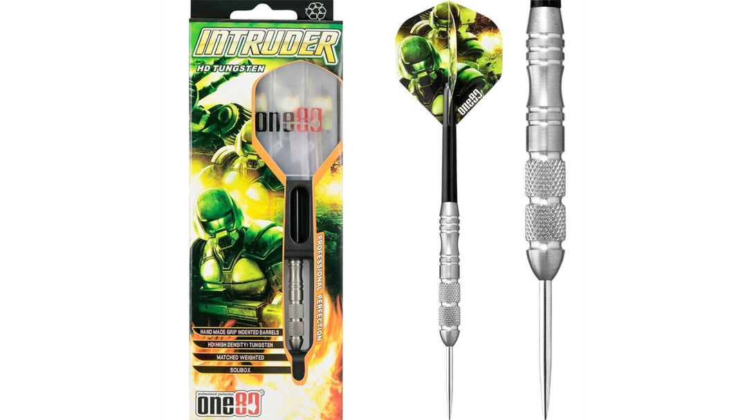 One80 Intruder Steel Tip Darts 80% Tungsten — dart, barrel detail and packaging
