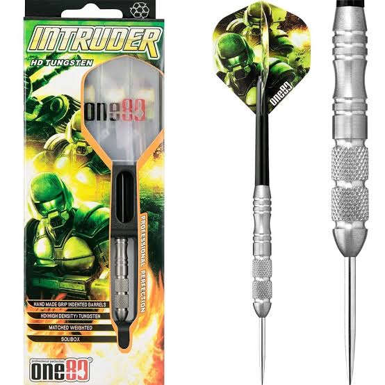 One80 Intruder Steel Tip Darts 80% Tungsten — dart, barrel detail and packaging