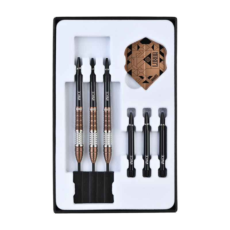 One80 Luxor Delta Steel Tip Darts 90% Tungsten — darts and accessories in the display tray