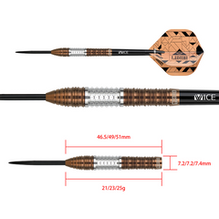 One80 Luxor Delta Steel Tip Darts 90% Tungsten — dart and barrel dimensions chart