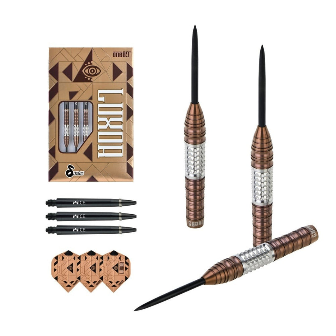 Luxor Delta Steel Tip Darts – bronze and silver barrels, shafts, flights and packaging
