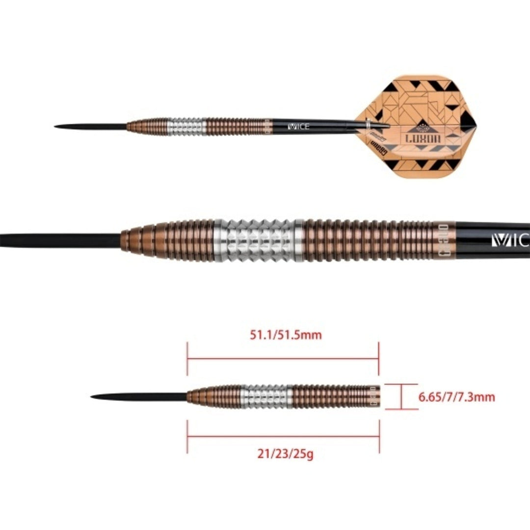 One80 Luxor Gamma Steel Tip Darts 90% Tungsten — dart and barrel dimensions chart