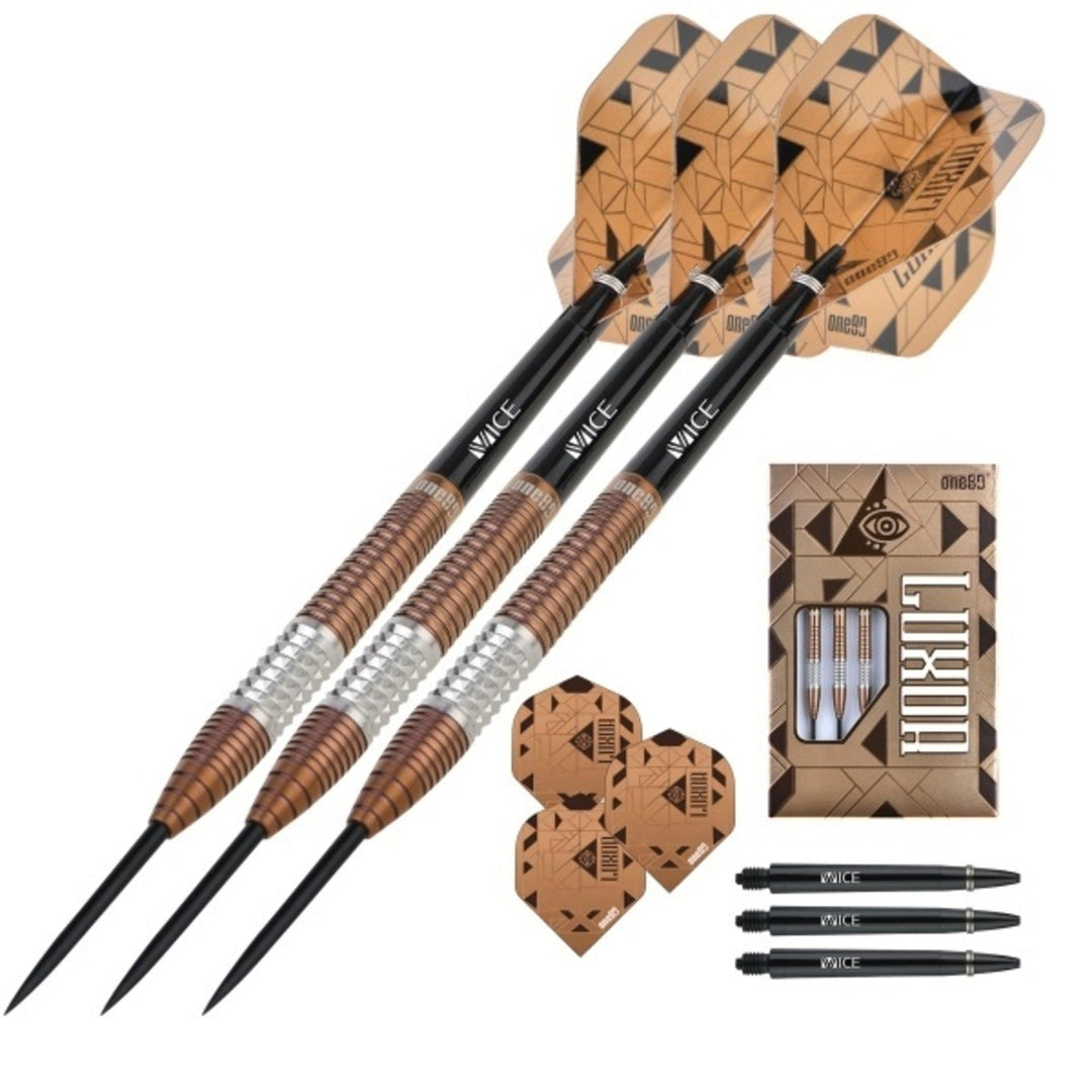 One80 Luxor Gamma Steel Tip Darts 90% Tungsten — set contents and packaging