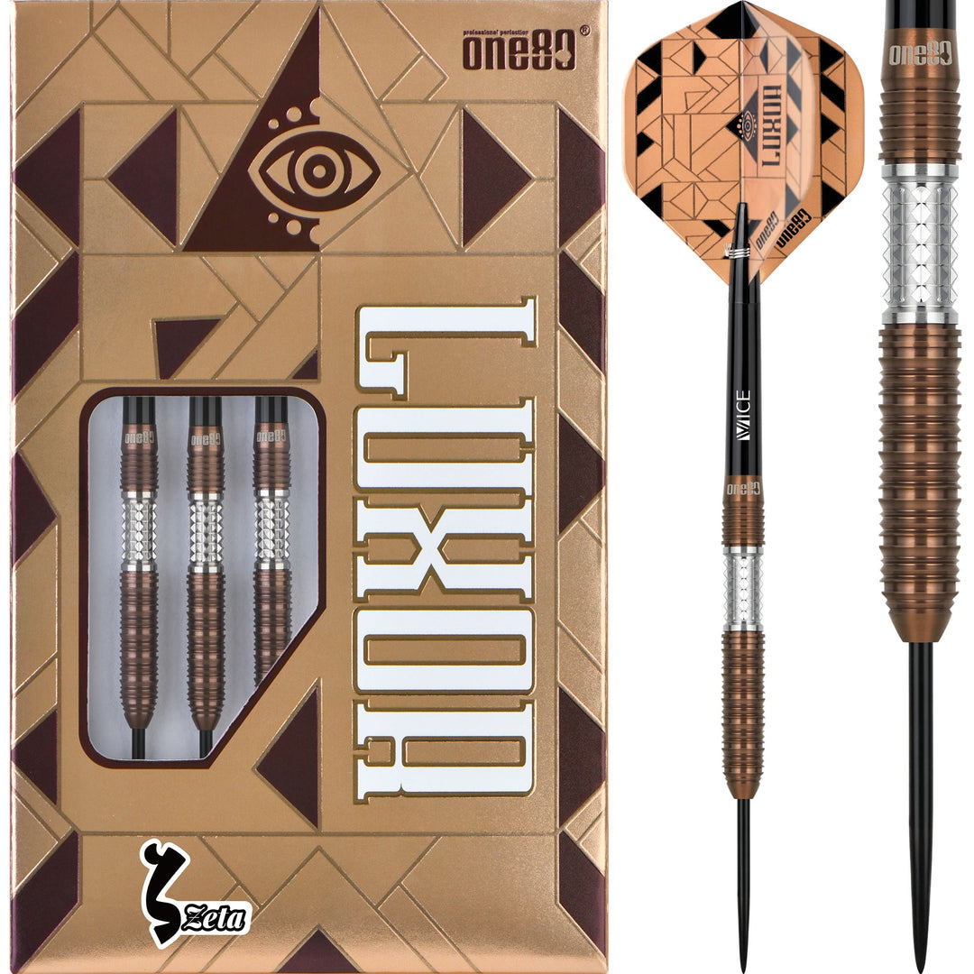 One80 Luxor Zeta Steel Tip Darts 90% Tungsten — dart, barrel detail and packaging