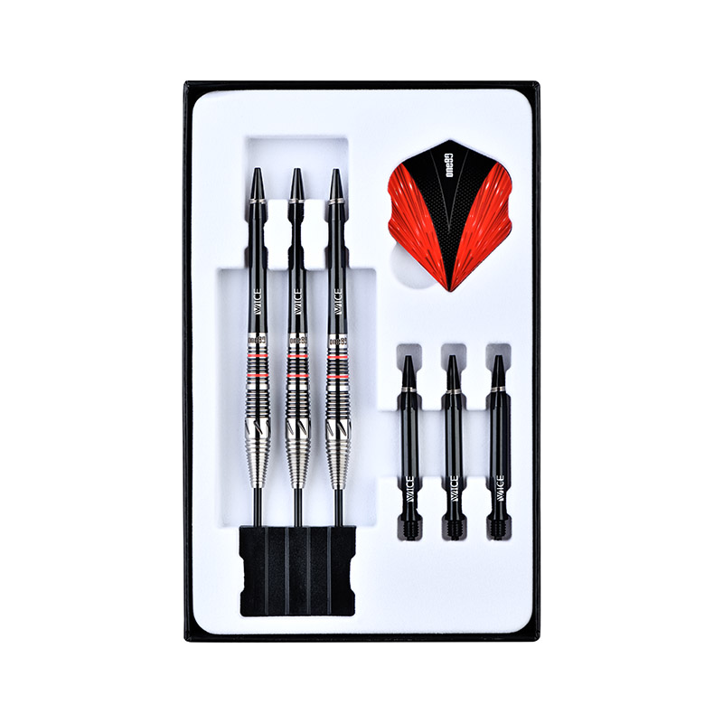 One80 Mike Lacey Steel Tip Darts 90% Tungsten — darts and accessories in the display tray