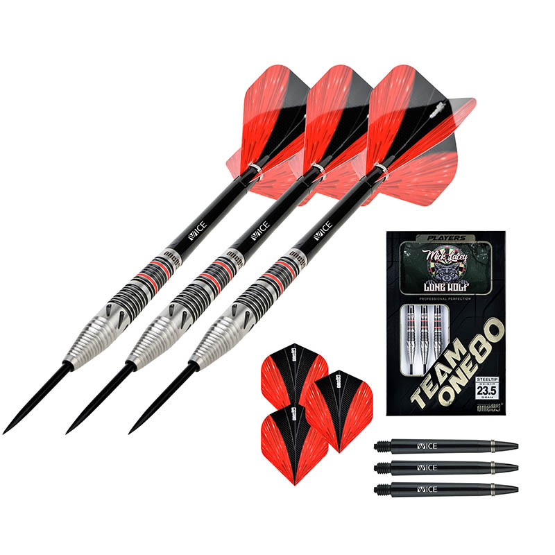 One80 Mike Lacey Steel Tip Darts 90% Tungsten — set contents and packaging
