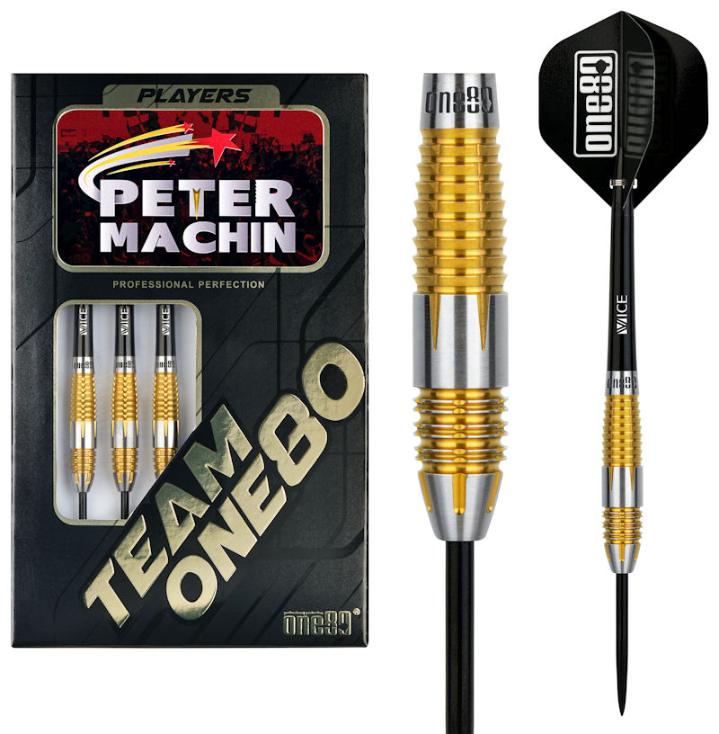 One80 Peter Machin v2 Steel Tip Darts 90% Tungsten — dart, barrel detail and packaging
