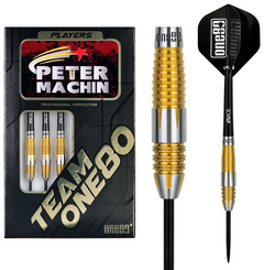 One80 Peter Machin v2 Steel Tip Darts 90% Tungsten — dart, barrel detail and packaging